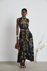 Lucena İpek Kravatlı Kolsuz Maksi Elbise