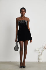 Sandrine Kristal Süslü Kadife Mini Elbise