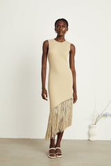 Sophie Püsküllü Asimetrik Kolsuz Midi Elbise