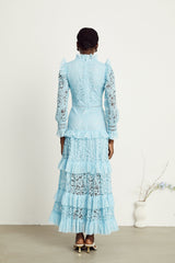 Sabine Mavisi Dantel Katlı Maxi Elbise