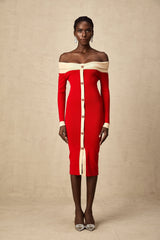 Soline Omuzları Açık Örgü Midi Elbise