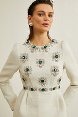 Pauline Beyaz Tüvit Boncuk İşlemeli Mini Elbise