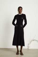 Nadège Siyah Fırfırlı Yakalı Örme Midi Elbise