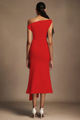 Paulina Oblique Omuz Kolsuz Kıvrımlı Midi Elbise Kırmızı