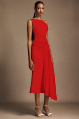 Paulina Oblique Omuz Kolsuz Kıvrımlı Midi Elbise Kırmızı