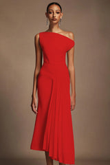 Paulina Oblique Omuz Kolsuz Kıvrımlı Midi Elbise Kırmızı