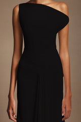 Paulina Oblique Omuz Kolsuz Kıvrımlı Midi Elbise Siyah