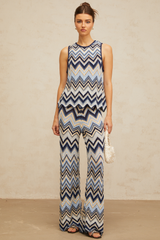 Irina mavi zikzak örgülü pointelle örgü üst ve pantolon takım