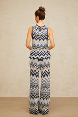 Irina mavi zikzak örgülü pointelle örgü üst ve pantolon takım