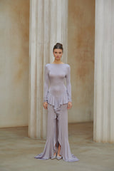 Xenia Mor Volan Detaylı Uzun Elbise Ön Yırtmaçlı