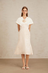 Clémence 3D Yapraklı Beyaz Dokulu Midi Elbise