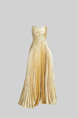 Sırt Dantel Detaylı Cascade Elbise - Altın