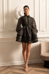 Leopar Desenli Uzun Kollu Katmanlı Etekli Elbise