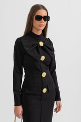 Nala Zarif Fiyonk Yaka Uzun Kollu Elbise - Siyah