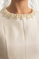 Tül Etekli ve İnci İşlemeli Yakalı Kolsuz Midi Elbise - Fildişi