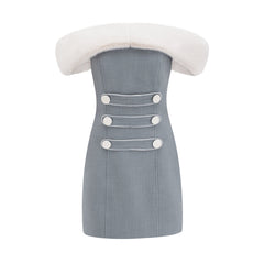 Lina Gri Suni Kürk Mini Elbise