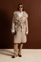 Kürk Kenarlı Kruvaze Yün Örgü Palto - Bej