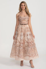 Baskılı Kesik Korse Uzun Elbise Siyah Bel Bantlı - Kahverengi