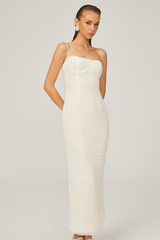 Katia Beyaz Fırfır Dantelli Kemerli Maksi Elbise