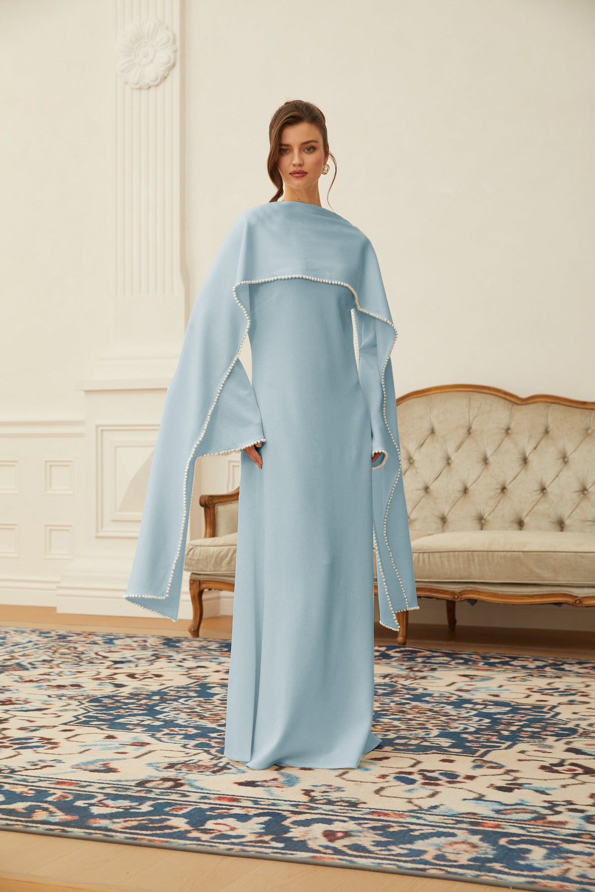 Piroska Mavi İnci Şal Detaylı Uzun Elbise