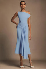Paulina Oblique Omuz Kolsuz Kıvrımlı Midi Elbise  Mavi