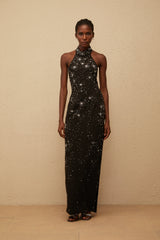 Perle Siyah Süslemeli Dar Kesim Uzun Elbise