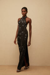 Perle Siyah Süslemeli Dar Kesim Uzun Elbise