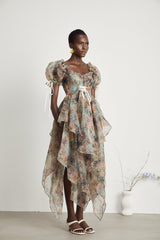 Alira Çiçek Desenli Bağcıklı Midi Elbise