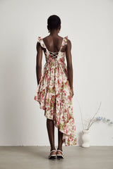 Vivien Çilek Desenli Asimetrik Midi Elbise