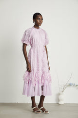 Coralie Çiçek İşlemeli Kat Kat Midi Elbise Mor