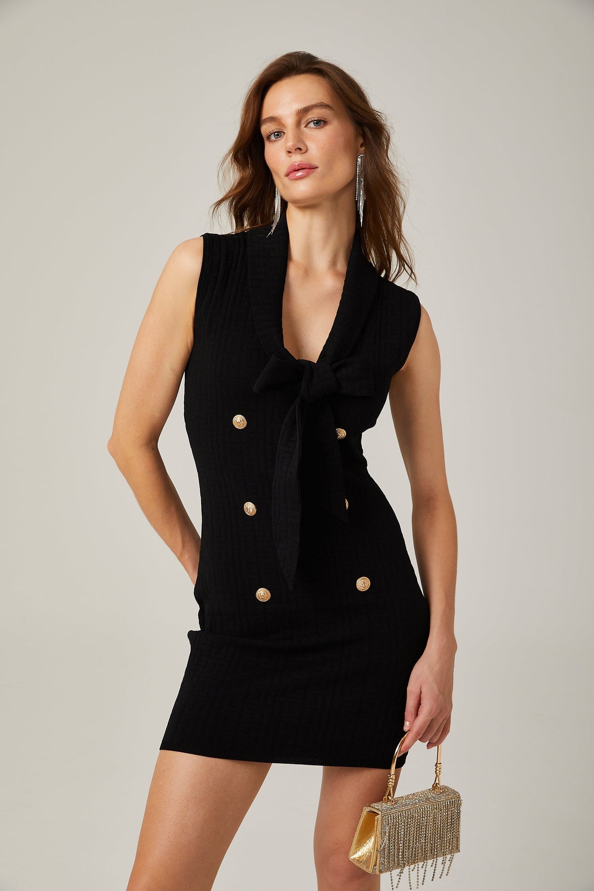 Charlotte Siyah Şal Yaka Örme Mini Elbise