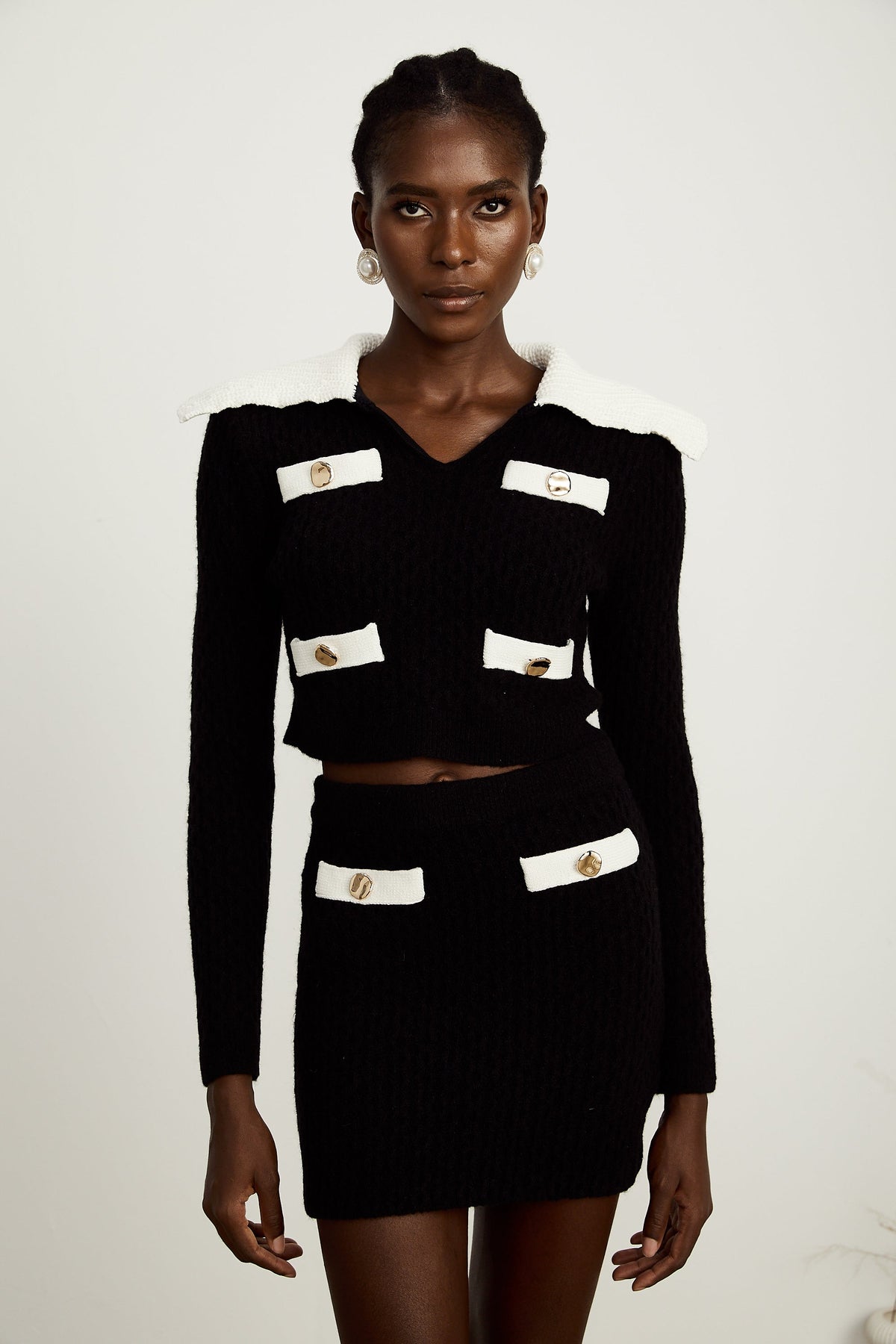 Delphine Renk Bloklu Örme Kazak & Etek Eşleştirme Seti