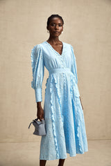 Raphaëlle Mavi Ajurlu Fırfırlı Midi Elbise