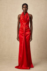 Alix Kırmızı Drapeli, Boyundan Bağlamalı Saten Maksi Elbise
