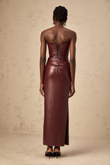 Amélie şarap kırmızısı deri midi elbise