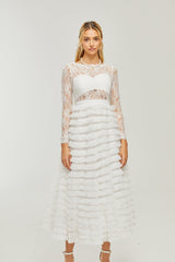 Filipinli Dantel Katlanmış Yüksek Belli Midi Elbise