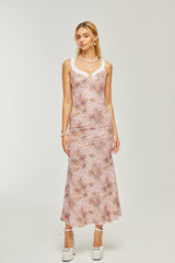 Karia Pembe Çiçekli Midi Elbise