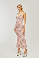 Karia Pembe Çiçekli Midi Elbise