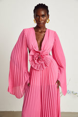 Léa Pembe Suni Çiçek Pilili Maxi Elbise