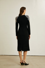 Adara Siyah Kristal Süslemeli Midi Elbise