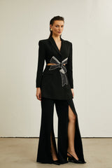 Justine Siyah Fiyonklu Kesim Blazer  Takım Elbise