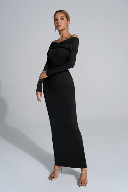 Isabella Siyah Uzun Kollu Bodycon Maxi Elbise