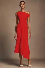 Paulina Oblique Omuz Kolsuz Kıvrımlı Midi Elbise  Kırmızı