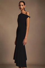 Paulina Oblique Omuz Kolsuz Kıvrımlı Midi Elbise Siyah