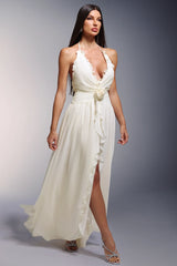 Ivy Yüksek Yırtmaçlı Derin V Askılı Çiçekli Uzun Elbise