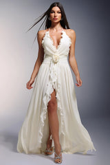 Ivy Yüksek Yırtmaçlı Derin V Askılı Çiçekli Uzun Elbise