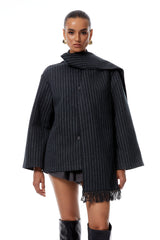 Carlotta Gri Eşarp Çizgili Tweed Kısa Palto