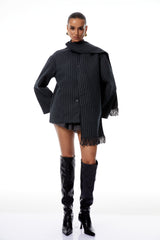 Carlotta Gri Eşarp Çizgili Tweed Kısa Palto