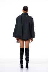 Carlotta Gri Eşarp Çizgili Tweed Kısa Palto