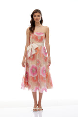 Evangeline Turuncu Çiçek Desenli Midi Elbise